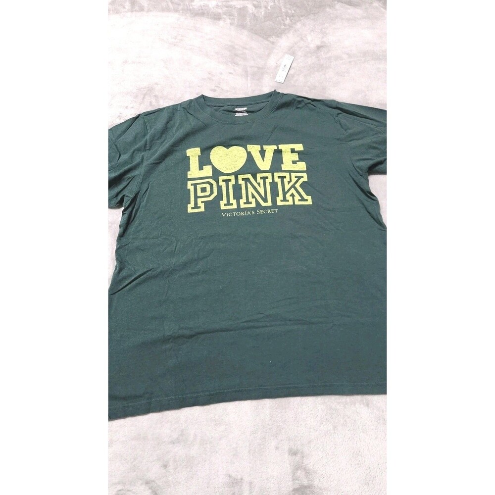 Victoria's Secret Small Green LOVE PINK Campus Cotton Off The Shoulder‎ Tee NWT